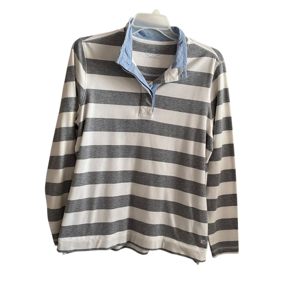 Southern Tide Mens Large Gray White Stripe Pullover Polo Shirt Long Sleeve